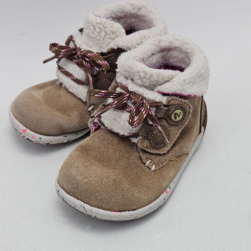 Merrell Bare Steps Toddler Girls Tan Suede Faux Fur Hiking Boot ML163228 Size 7M